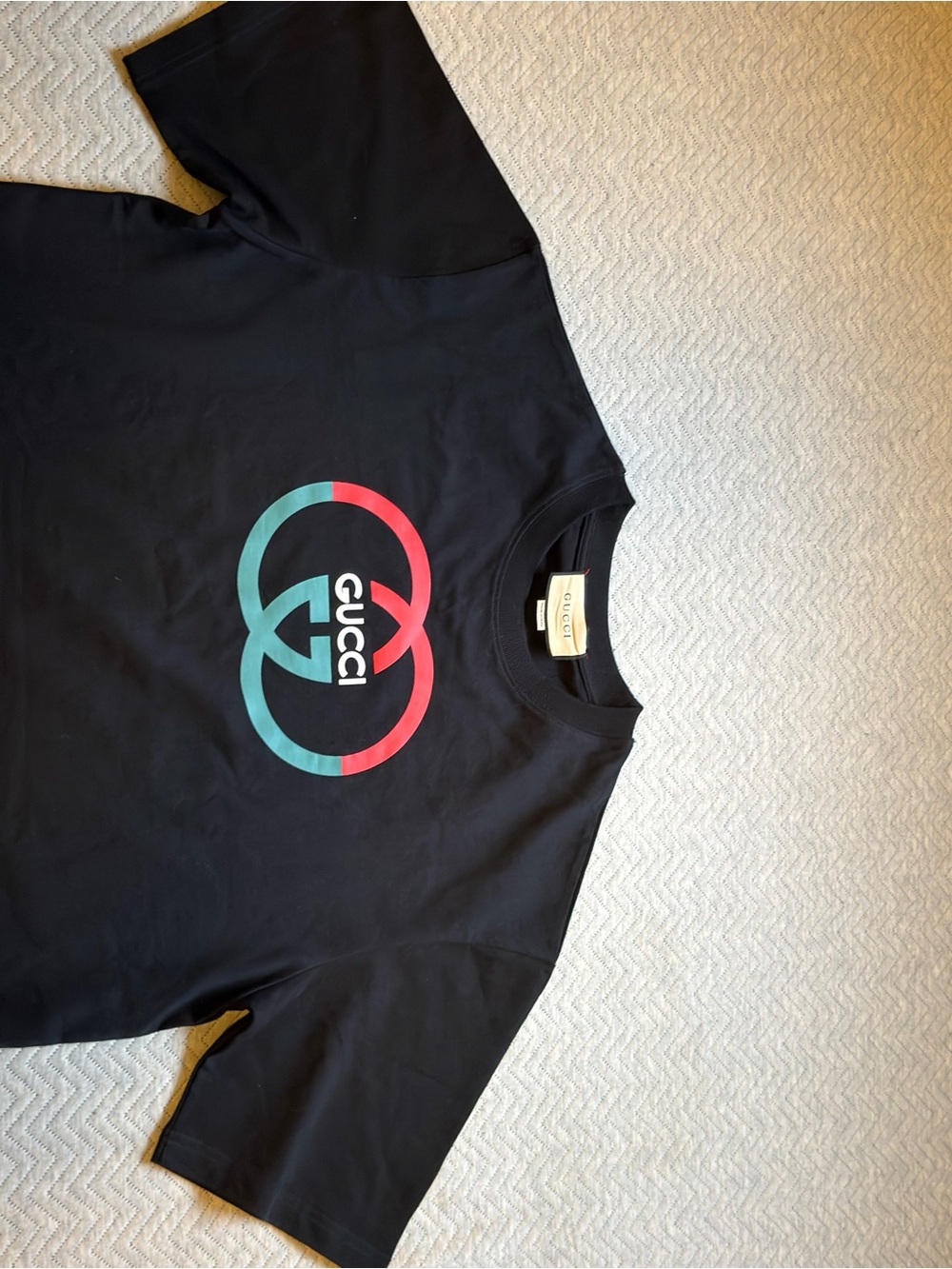 Gucci Black Tee with Red and Teal Interlocking Gs